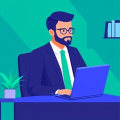 A businessman working on a laptop at a desk in a modern office setting.