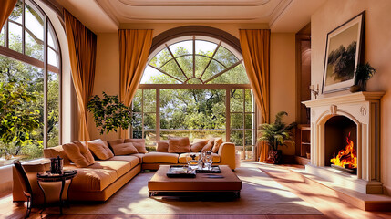 Fototapeta premium Sofa against fireplace in room with arch window.