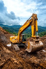 Obraz premium Coal mining in an open pit. Mining excavator loads coal in haul truck in quarry. Excavator digging in an open pit coal mine. Tipper truck hauling minerals from open-pit. Heavy machinery in opencast.