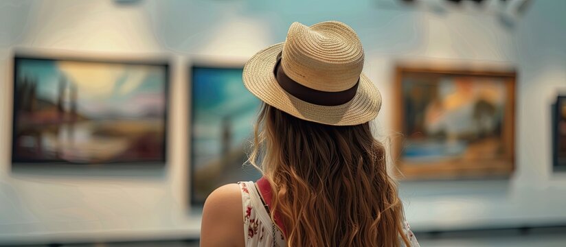 Young Caucasian female student in straw hat admiring artwork at the gallery Copy space image illustrating the concept of museum visits and cultural education