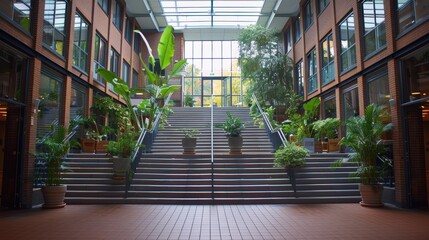 A beautifully designed modern indoor atrium with a grand staircase adorned with various lush green plants and large glass windows providing ample natural light