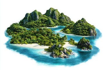 Aerial view of tropical island with lush greenery, sandy beaches, and crystal-clear waters, perfect for a tranquil getaway.