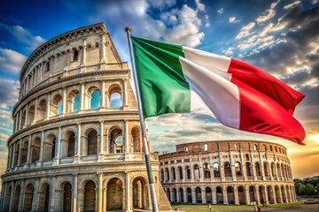 Italian flag waving proudly in front of colosseum