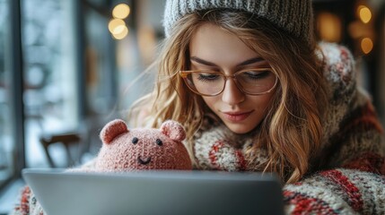 Cozy Winter Reading Session with a Knitted Companion at the Cafe