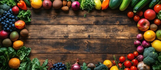 Fresh produce, including fruits and vegetables, arranged around the edges of a rustic wooden table top.