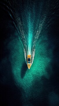 Aerial perspective of a boat on serene aquamarine sea.