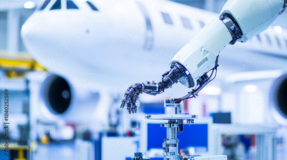 Poster a robot performing precision repairs on advanced aerospace equipment in a clean, high-tech workshop 
