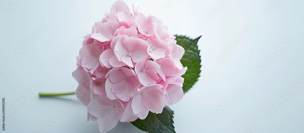Poster a single pink hydrangea bloom set against a white background perfect for creative projects with spac