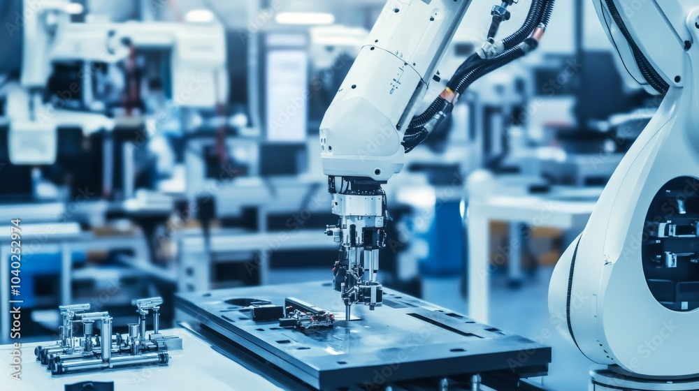Poster a robot performing precision repairs on advanced aerospace equipment in a clean, high-tech workshop 
