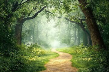Fototapeta premium Serene forest path winding through lush green trees with sunlight filtering through the canopy, creating a tranquil and inviting atmosphere.