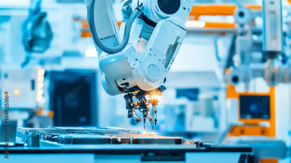 Poster a robot performing precision repairs on advanced aerospace equipment in a clean, high-tech workshop 