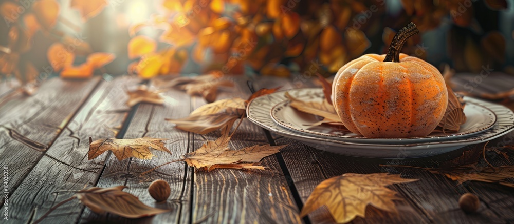 Wall mural a fall themed table setting featuring leaves and a pumpkin on a rustic wooden table with space for t