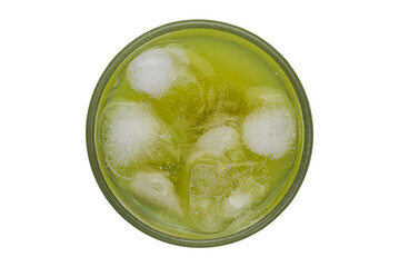 Top view of cold green guava juice with ice cube in a glass isolated on white background with clipping path.