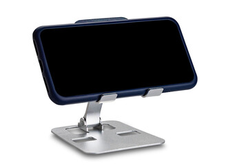 View of metal alloy adjustable phone holder with smartphone isolated on white background with...