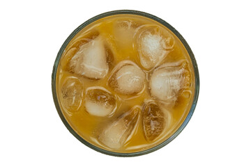 Top view of cold milk coffee with ice cubes in a glass isolated on white background with clipping path.