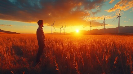 Fototapeta premium Man observing sunset over wind turbines in golden field