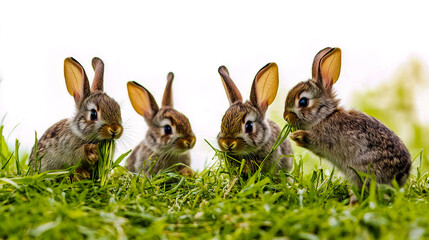 Obraz premium Four little rabbits in the grassland, one is eating grass.