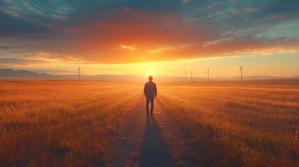 Obraz premium A person walking towards the sunset in a field with wind turbines