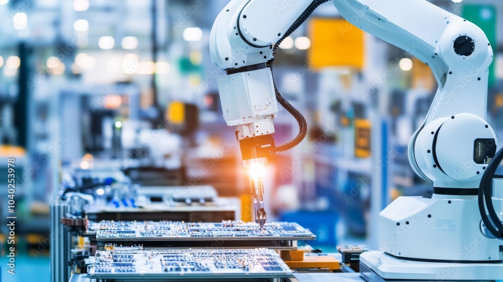 Poster a robot performing precision soldering in a clean, modern electronics manufacturing plant with organ