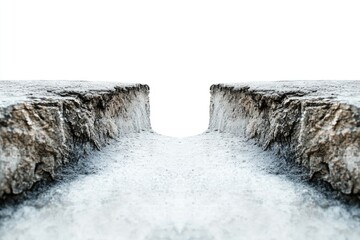 A large crack in the side of a snowy mountain with steep cliffs and rugged terrain