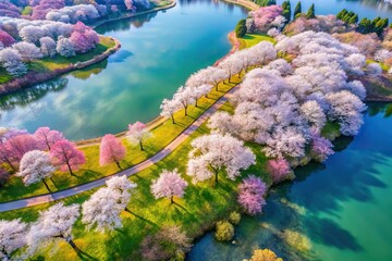 Fototapeta premium Aerial lakeside scene with cherry blossom trees