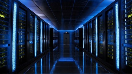 Obraz premium High-Tech Technology Center Equipped with Advanced Fiber Optic Patch Cores for Fast, Reliable Data Transmission and Network Connectivity in a Modern IT Infrastructure 