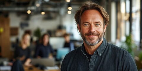 Obraz premium Professional man with a confident demeanor standing in a modern office with colleagues in the background, highlighting a collaborative work environment