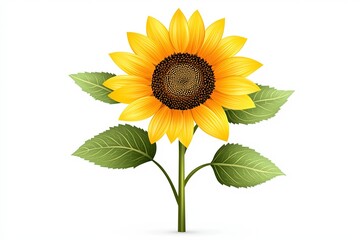Obraz premium Bright sunflower with green leaves, white isolated background.