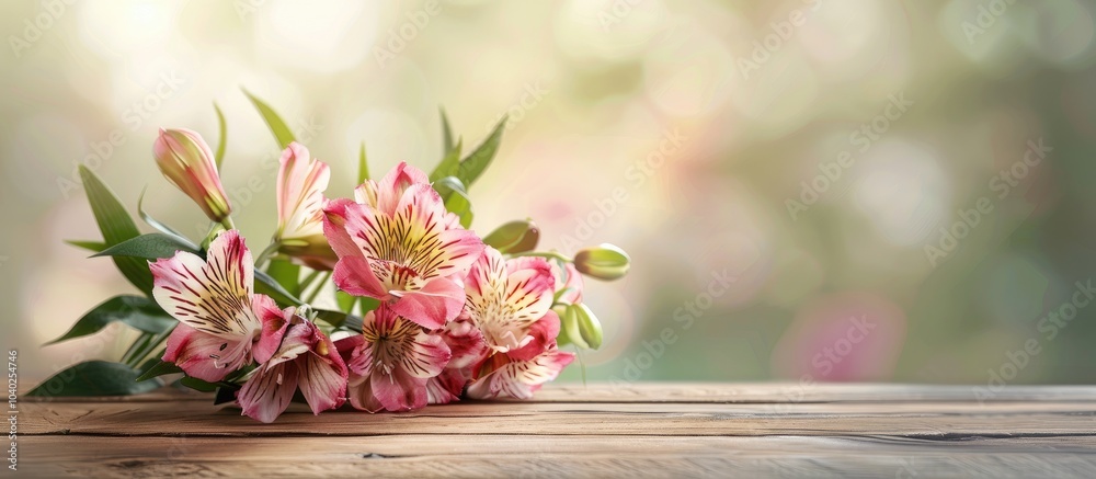 Wall mural Alstroemeria flowers beautifully displayed on a wooden table with copy space image