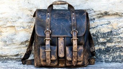 Vintage leather backpack displayed against a rustic stone background