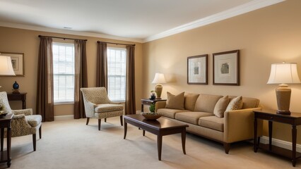 A cozy living room features beige sofas, wooden furniture, framed art, a large window, and decorative lamps, creating a warm and inviting atmosphere.