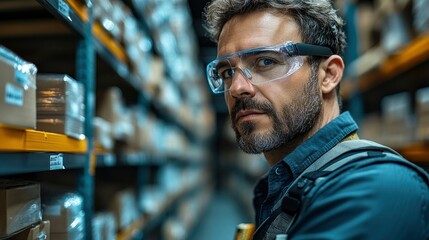 Fototapeta premium Focused warehouse worker inspecting inventory in safety glasses