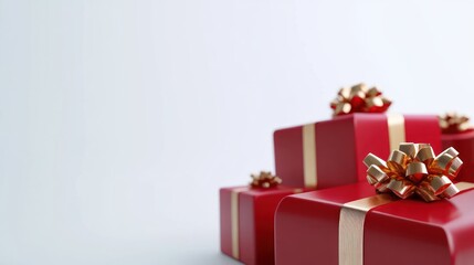 Obraz premium Stacked red gift boxes with gold ribbons, minimalist view.
