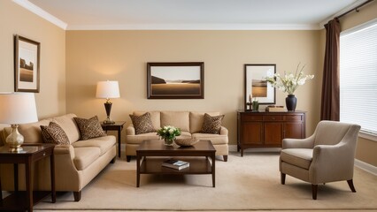 Fototapeta premium A cozy living room features beige sofas, wooden furniture, framed art, a large window, and decorative lamps, creating a warm and inviting atmosphere.