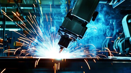 A robot performing precision welding in a high-tech automotive assembly plant with advanced welding machinery and clean surroundings, Automotive tech style, photo of
