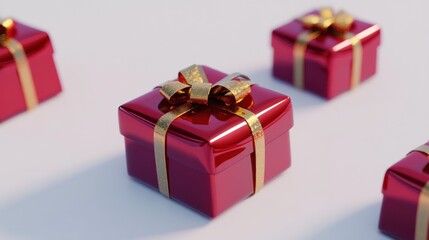 Fototapeta premium Red gift box with glittering gold ribbon on white