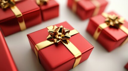 Obraz premium Red gift box with golden ribbon and bow present