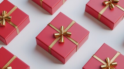 Pattern of red gift boxes with golden ribbons arranged