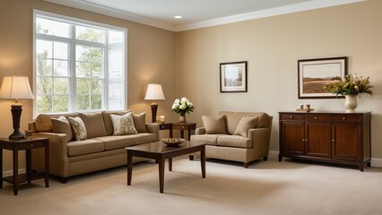 Fototapeta premium A cozy living room features beige sofas, wooden furniture, framed art, a large window, and decorative lamps, creating a warm and inviting atmosphere.