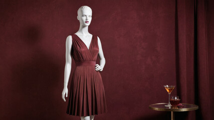 Elegant mannequin showcasing stylish burgundy dress against rich backdrop, complemented by chic cocktail on side table, creating sophisticated atmosphere