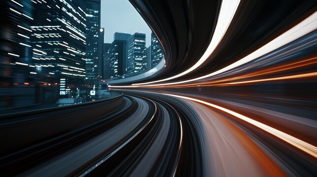 A dynamic perspective from inside a high-speed train racing through an urban landscape at night. Vibrant lights and curving tracks convey motion and technology.