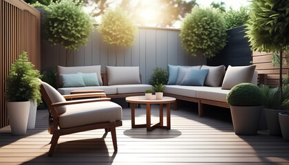 High-end outdoor living space, a backyard patio with pergola, outdoor rug, tequila bar, dining set, couch, television, pool with waterfall, umbrella, fire pit and stunning grey patio. Modern vibe.