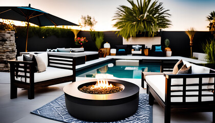 High-end outdoor living space, a backyard patio with pergola, outdoor rug, tequila bar, dining set, couch, television, pool with waterfall, umbrella, fire pit and stunning grey patio. Modern vibe.