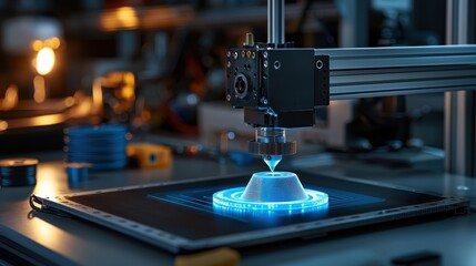 A sleek 3D printer operates in a cluttered workshop, showcasing advanced technology amidst various tools and materials. Ideal for creative and industrial themes.