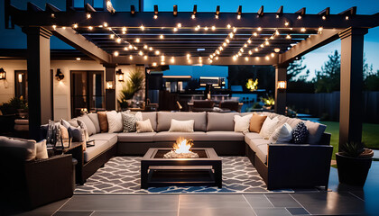 High-end outdoor living space, a backyard patio with pergola, outdoor rug, tequila bar, dining set, couch, television, pool with waterfall, umbrella, fire pit and stunning grey patio. Modern vibe.