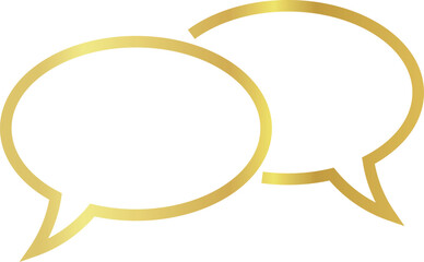 Two overlapping 3x2 aspect ratio oval gold metallic speech bubbles. Blank outline talk balloons with distinctive curved tails on transparent background.