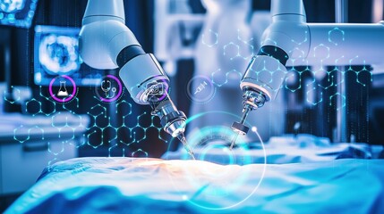 surgical robot and remote control hospital equipment as wide banner design with information hologram.future robotic arms performing automated medical health care operation for future precision concept