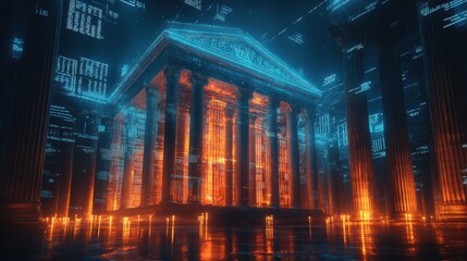 Fototapeta premium Futuristic temple enveloped in digital energy a glimpse into virtual reality