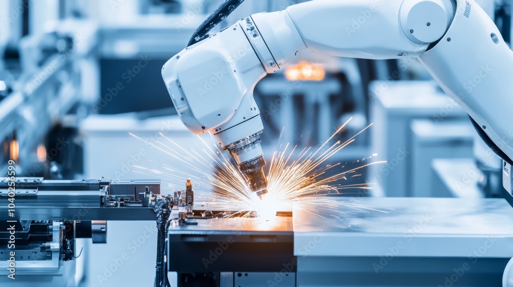 Poster A robot performing precision welding on a high-tech assembly line with various components, clean and sophisticated industrial workshop, Modern style