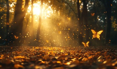 Enchanted Forest with Glowing Butterflies at Sunset